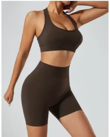 Seamless Backless High Waist Butt Lifting Yoga Set - borwn