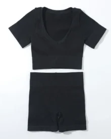 Seamless Ribbed Short Sleeve Shorts Yoga Set - Black