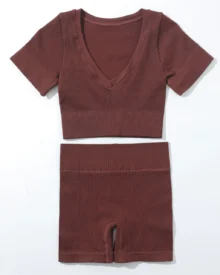 Seamless Ribbed Short Sleeve Shorts Yoga Set - Brown