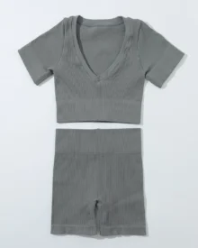 Seamless Ribbed Short Sleeve Shorts Yoga Set - Grey