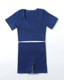Seamless Ribbed Short Sleeve Shorts Yoga Set - Midnight