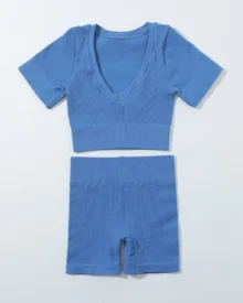 Seamless Ribbed Short Sleeve Shorts Yoga Set - Steel Blue