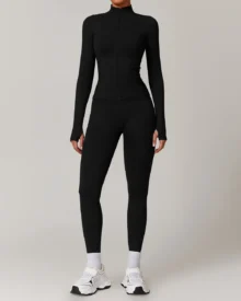 Seamless Stand Collar Zip Windproof Slim Warm Yoga Sports Set - Black