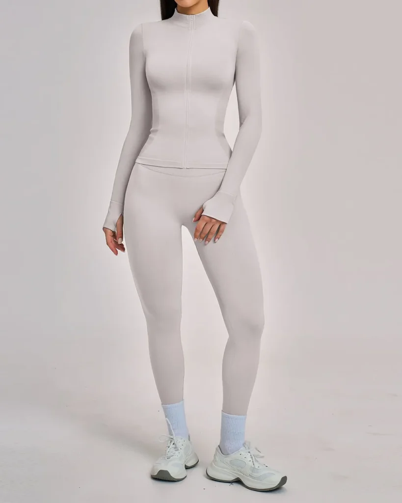 Seamless Stand Collar Zip Windproof Slim Warm Yoga Sports Set - Light Grey