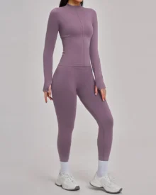 Seamless Stand Collar Zip Windproof Slim Warm Yoga Sports Set - Purple