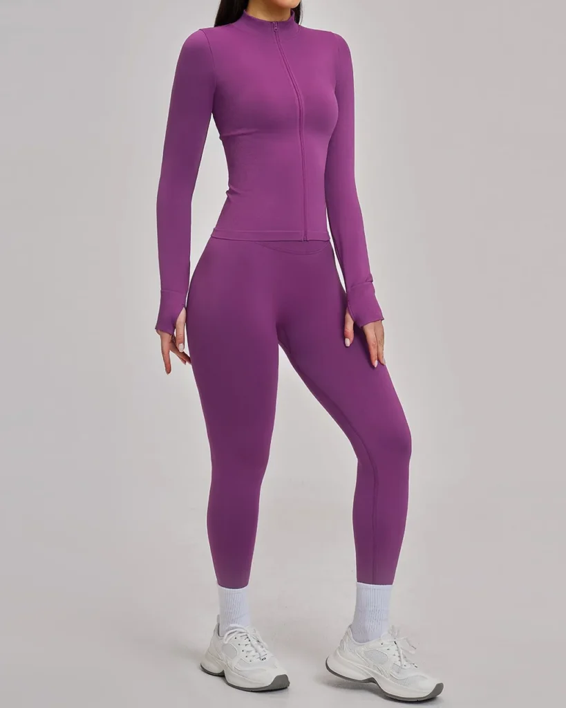 Seamless Stand Collar Zip Windproof Slim Warm Yoga Sports Set - Purple