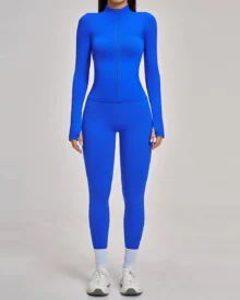 Seamless Stand Collar Zip Windproof Slim Warm Yoga Sports Set - Royal Blue