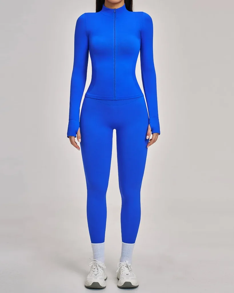 Seamless Stand Collar Zip Windproof Slim Warm Yoga Sports Set - Royal Blue
