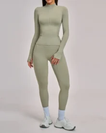 Seamless Stand Collar Zip Windproof Slim Warm Yoga Sports Set - Sage