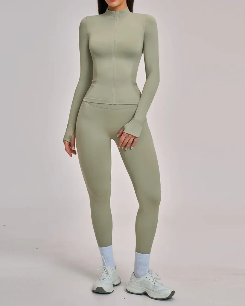 Seamless Stand Collar Zip Windproof Slim Warm Yoga Sports Set - Sage