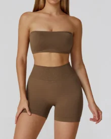 Seamless Cutout Backless High Waist Yoga Fitness Set - Tan
