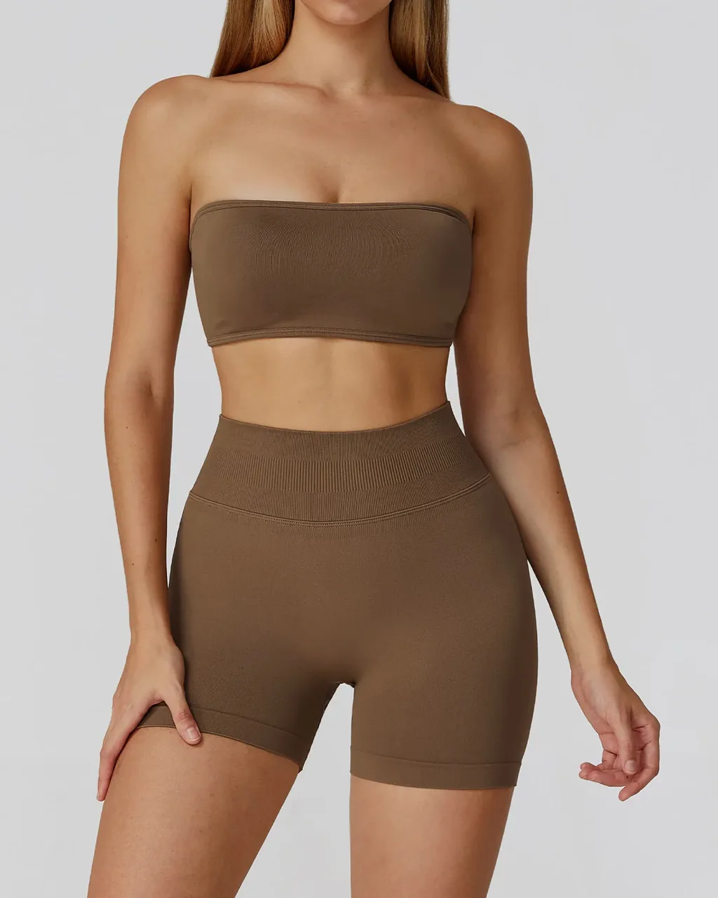 Conjunto Yoga Sin Costuras Con Espalda Descubierta Y Cintura Alta - canela