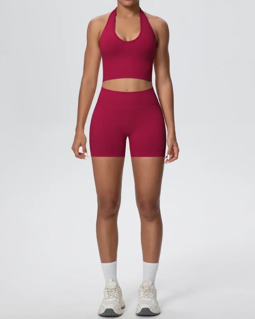 Seamless Breathable Halter Backless Yoga 2 Piece Set - Burgundy