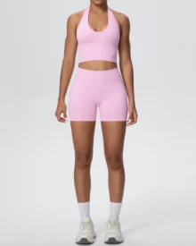 Seamless Breathable Halter Backless Yoga 2 Piece Set - Light Pink