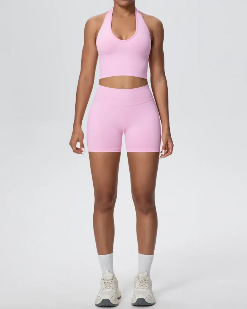 Seamless Breathable Halter Backless Yoga 2 Piece Set - Light Pink