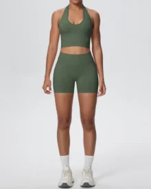 Seamless Breathable Halter Backless Yoga 2 Piece Set - Olive Green