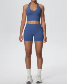 Seamless Breathable Halter Backless Yoga 2 Piece Set - Slate