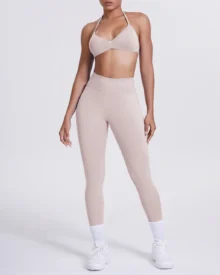 Seamless Solid Halter Back Yoga 2 Piece Set - Beige