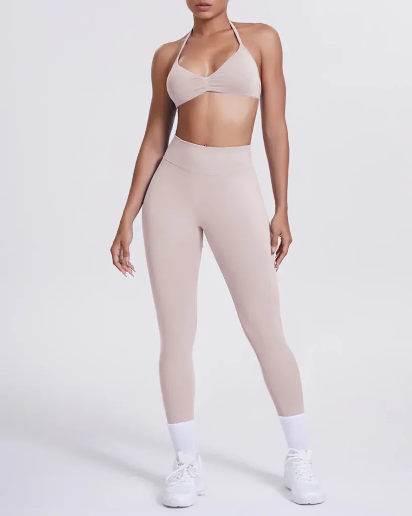 Seamless Solid Halter Back Yoga 2 Piece Set - Beige