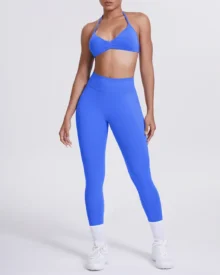 Seamless Solid Halter Back Yoga 2 Piece Set - Blue