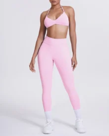 Seamless Solid Halter Back Yoga 2 Piece Set - Light Pink