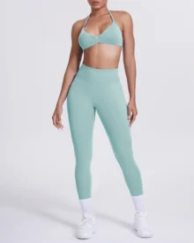 Seamless Solid Halter Back Yoga 2 Piece Set - Mint Green