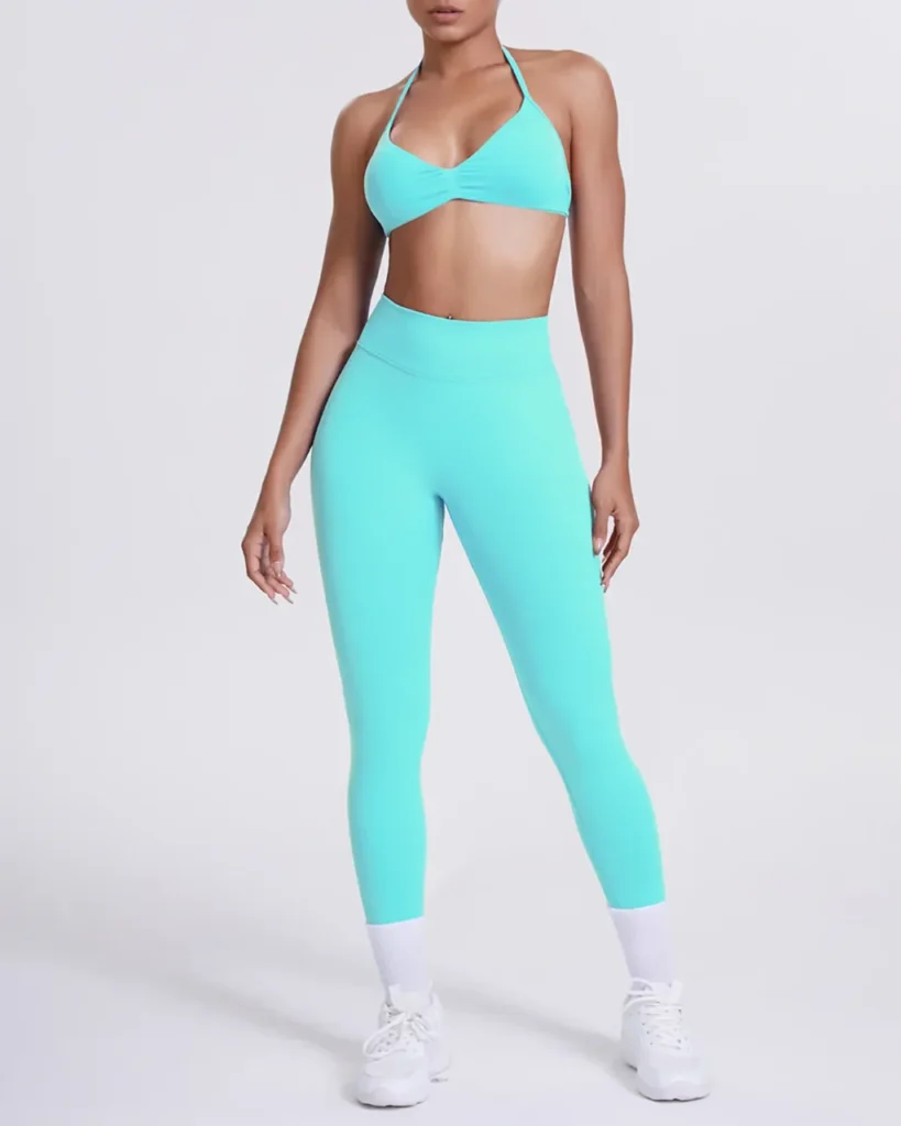 Seamless Solid Halter Back Yoga 2 Piece Set - Sky Blue