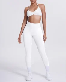 Seamless Solid Halter Back Yoga 2 Piece Set - White