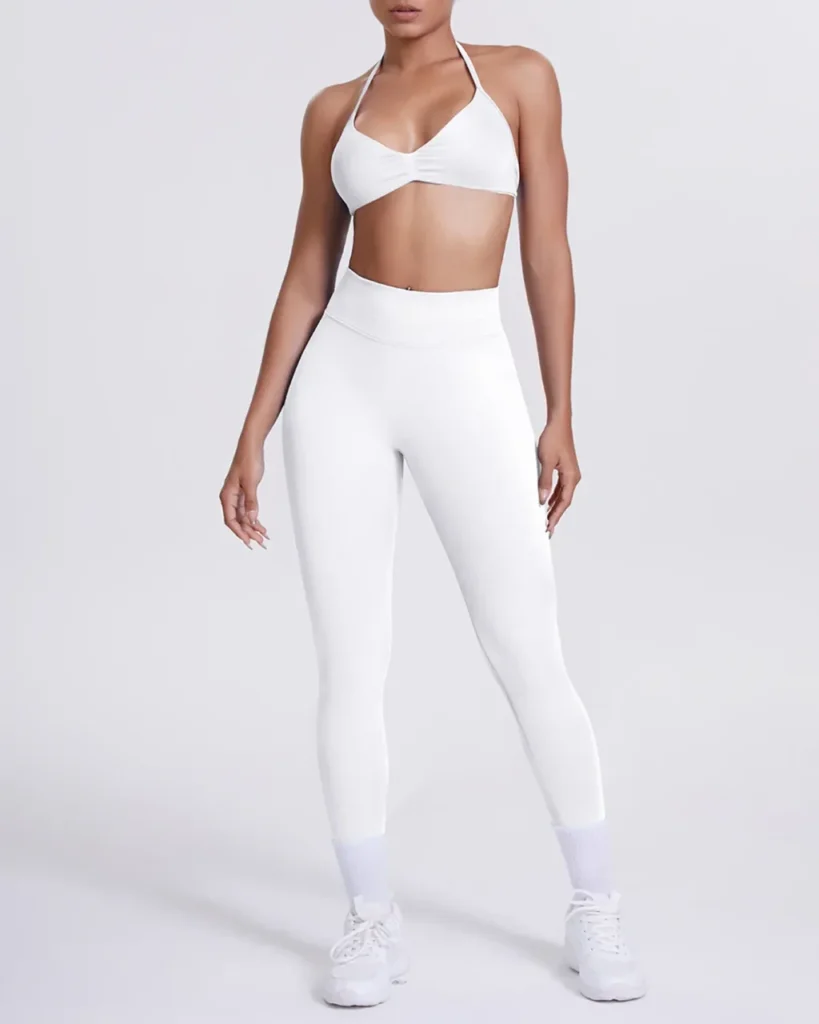 Seamless Solid Halter Back Yoga 2 Piece Set - White