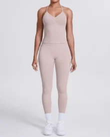 Seamless Solid Color Backless Vest Pants Yoga 2 Piece Set - Beige