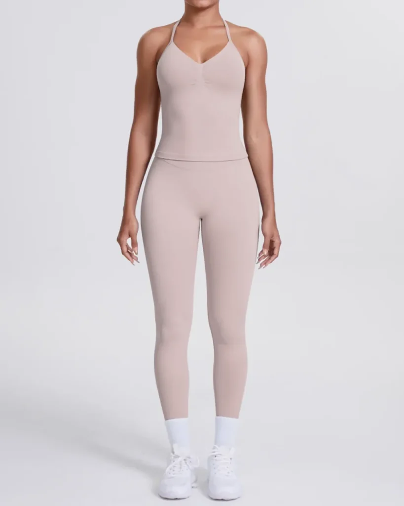 Seamless Solid Color Backless Vest Pants Yoga 2 Piece Set - Beige