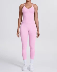 Seamless Solid Color Backless Vest Pants Yoga 2 Piece Set - Light Pink