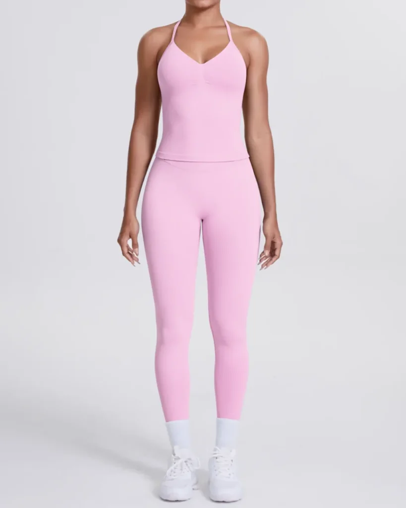 Seamless Solid Color Backless Vest Pants Yoga 2 Piece Set - Light Pink