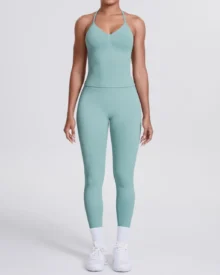 Seamless Solid Color Backless Vest Pants Yoga 2 Piece Set - Mint Green
