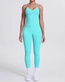 Seamless Solid Color Backless Vest Pants Yoga 2 Piece Set - Sky Blue