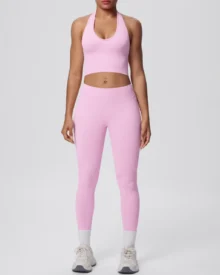 Seamless Halter Back Tight Yoga 2 Piece Set - Light Pink