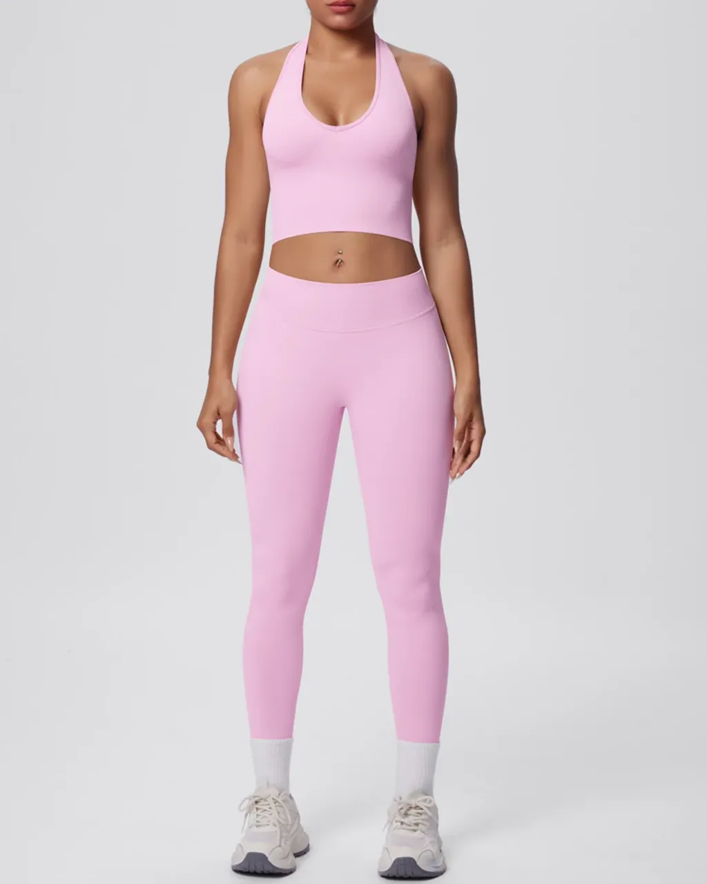 Seamless Halter Back Tight Yoga 2 Piece Set - Light Pink