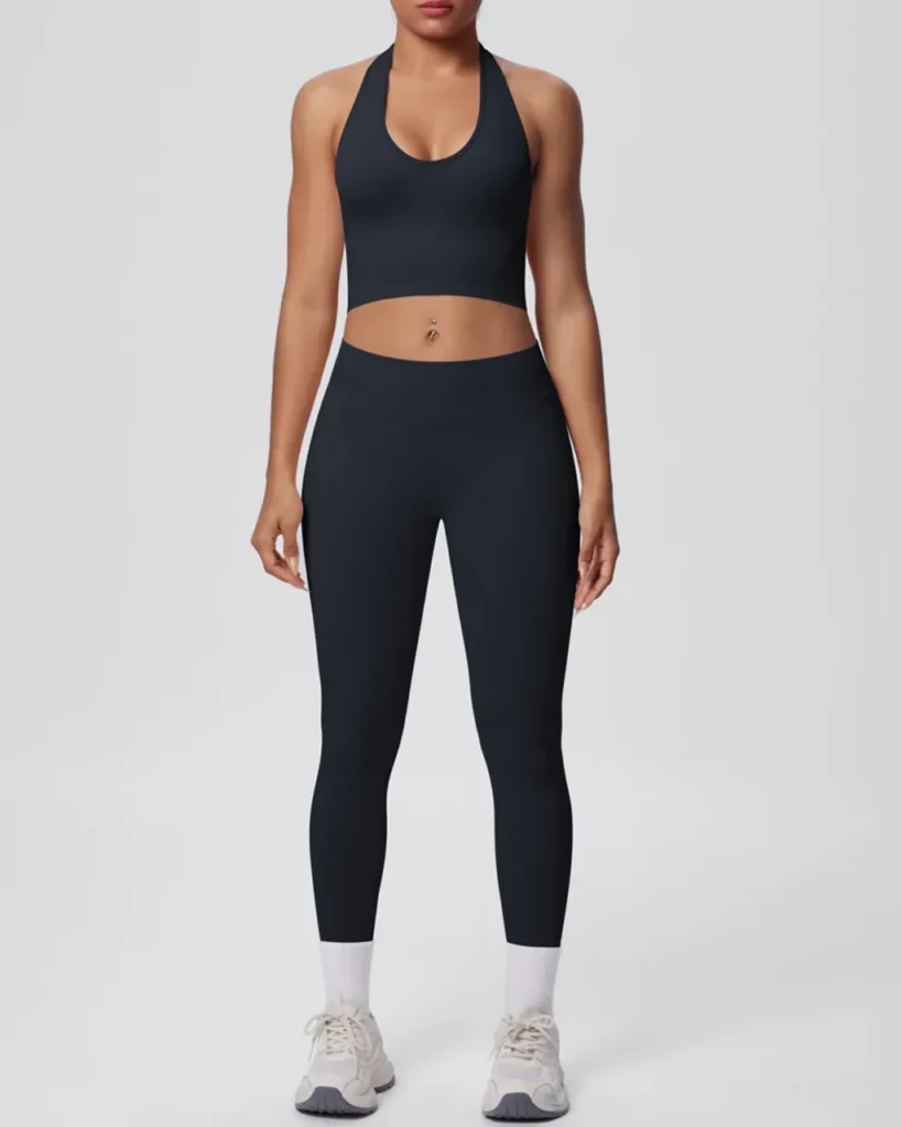 Seamless Halter Back Tight Yoga 2 Piece Set - Midnight
