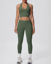 Seamless Halter Back Tight Yoga 2 Piece Set - Olive Green