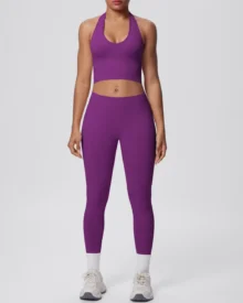 Seamless Halter Back Tight Yoga 2 Piece Set - Purple