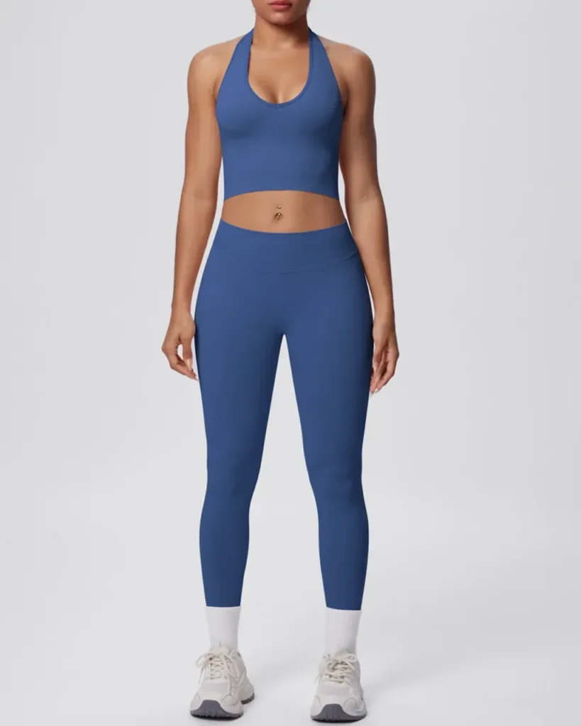 Seamless Halter Back Tight Yoga 2 Piece Set - Slate