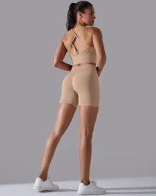 Seamless Knit Solid High Stretch Backless Yoga 2 Piece Set - Beige