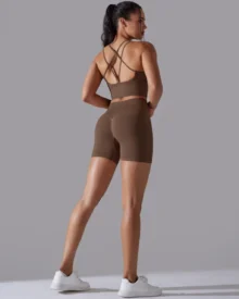 Seamless Knit Solid High Stretch Backless Yoga 2 Piece Set - Brown