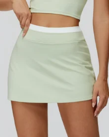 Nude Feel Color Block Skort High Waist Ribbed Fake - Mint Green