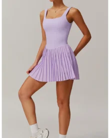 Nude Fake Two-Piece Pleated Tennis Dress With Pockets Anti-Chafing Fitness Skirt - Lavender