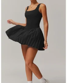 Nude Fake Two-Piece Pleated Tennis Dress With Pockets Anti-Chafing Fitness Skirt - Navy