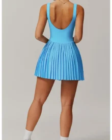 Nude Fake Two-Piece Pleated Tennis Dress With Pockets Anti-Chafing Fitness Skirt - Sky Blue