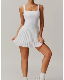Nude Fake Two-Piece Pleated Tennis Dress With Pockets Anti-Chafing Fitness Skirt - white