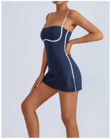 Color Block Yoga Chest Pad Anti-Exposure Tennis Dress - #Dark blue