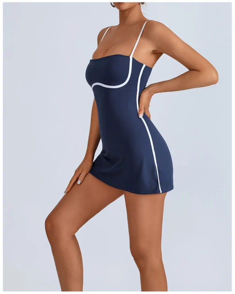 Color Block Yoga Chest Pad Anti-Exposure Tennis Dress - #Dark blue
